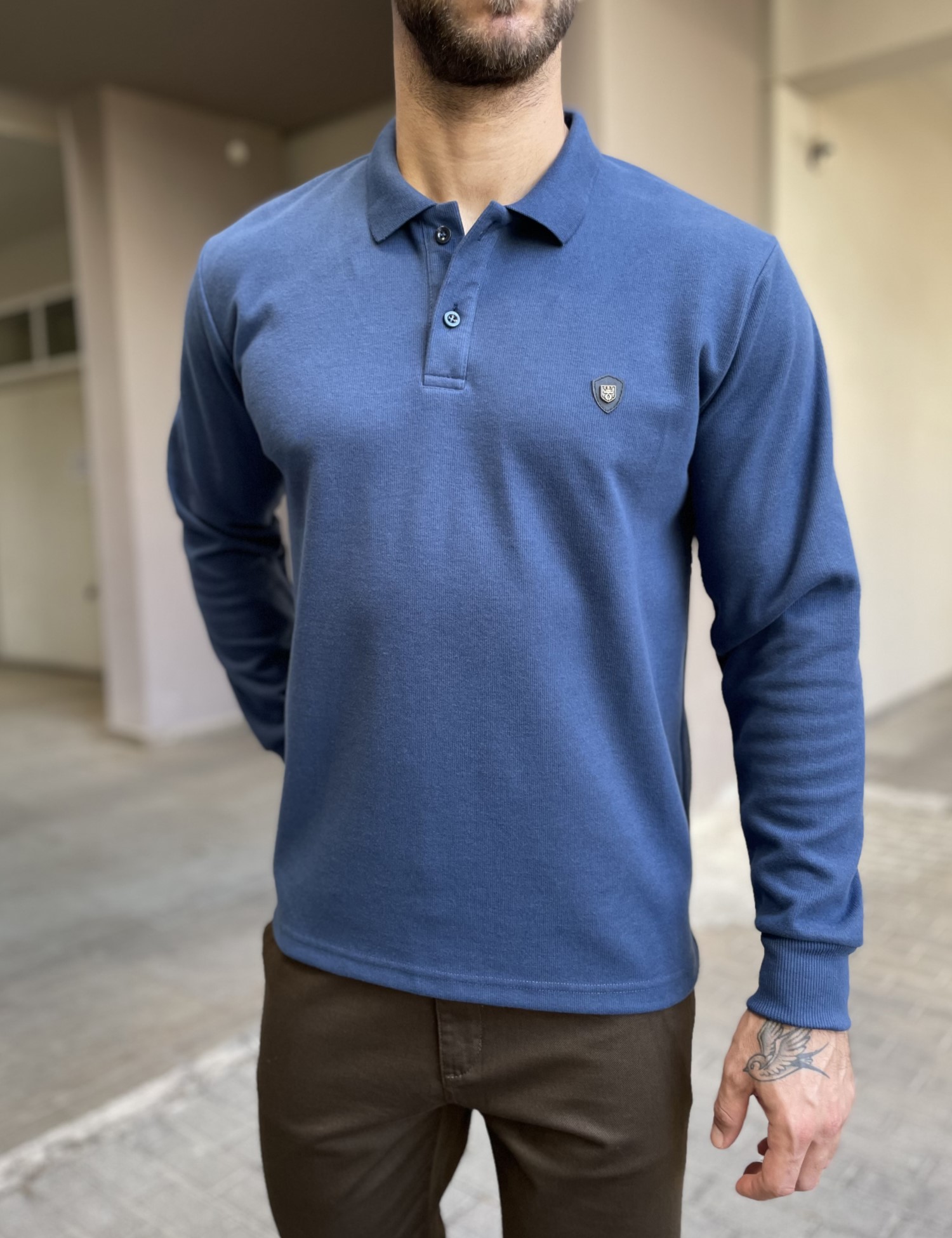 Everbest Ανδρική μπλε Indigo Polo μακρυμάνικη μπλούζα Plus size 261032I φωτογραφία